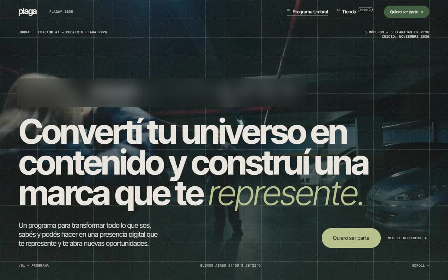 La página del programa Umbral en la compu: «Convertí tu universo en contenido y construí una marca que te represente.»